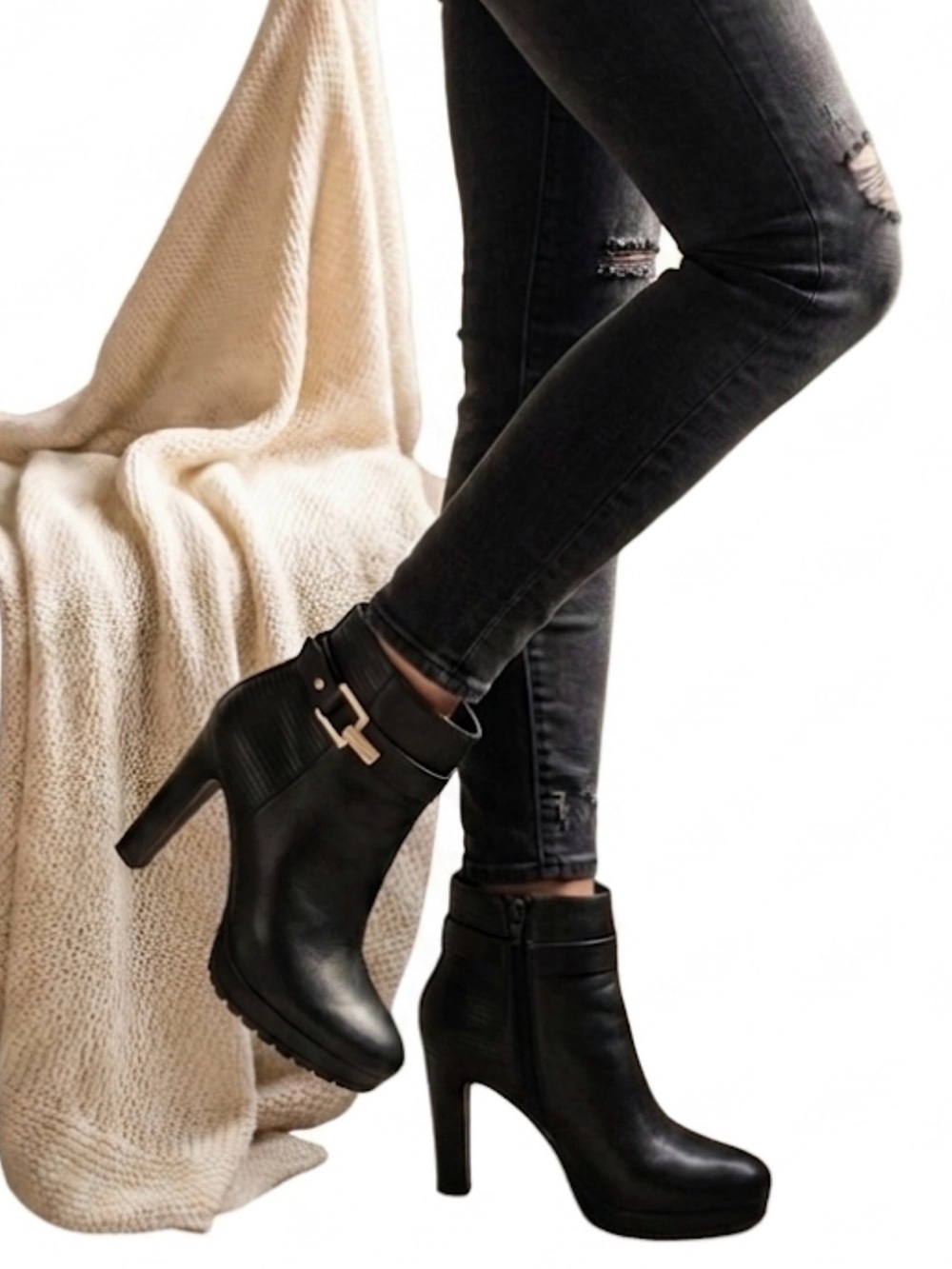 Gianni Bini Black Ankle Booties with Gold Buckle